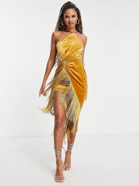 ASOS Design Asymmetrical Tassel Draped Velvet Dress In Yellow